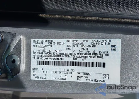 2015 Ford Escape S из США, поврежденный, VIN 1FMCU0F74FUB45786